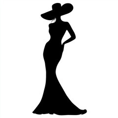 Silhouette of a fashionable woman in a long dress and wide-brimmed hat on a white background