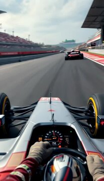 A race car is speeding down a track with a driver in the driver's seat. The car is red and white and has a number on the side. The driver is wearing a helmet and gloves