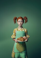 Le personnage d'une jeune fille vêtue d'un tablier, portant un plateau avec un café et un croissant, taches de rousseur et cheveux roux avec couettes sur fond isolé vert, image avec espace pour texte.