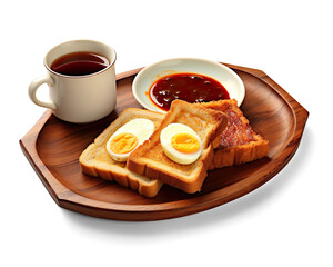  Common oriental breakfast set in Malaysia consisting of coffee, nasi lemak, toast bread and half-boiled egg, Breakfast toast on a transparent background