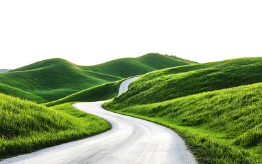 Winding asphalt road through green hills isolated on white background PNG. GENERATIVE AI