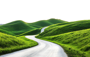 Winding asphalt road through green hills isolated on white background PNG. GENERATIVE AI