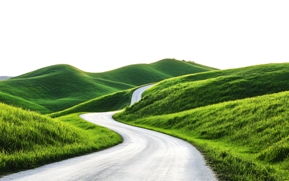 Winding asphalt road through green hills isolated on white background PNG. GENERATIVE AI