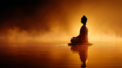 Buddha Statue in Dhyana Mudra Pose at Dawn Under a Misty Bodhi Tree, Creating a Serene Atmosphere for Vesak Rituals