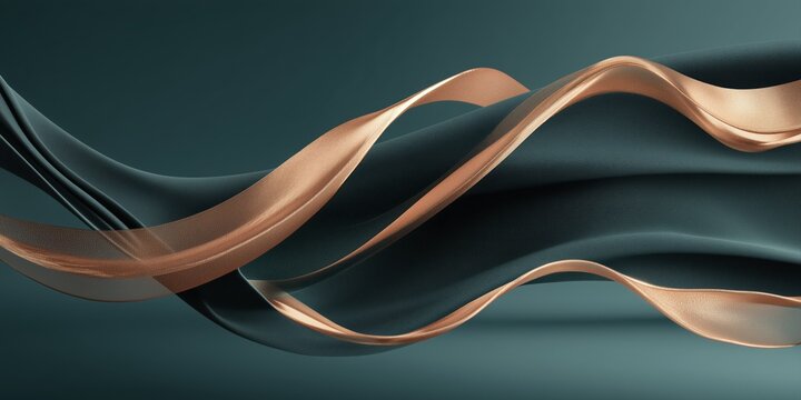 abstract background featuring dark teal backdrop with metallic rose gold ribbons in dynamic waves