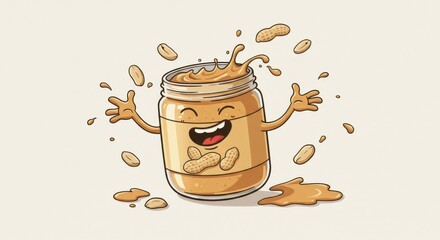 Happy Peanut Butter Jar Animated Splash - Joyful animated jar of peanut butter, peanuts flying, creamy splash, delicious spread, happy expression. Symbolizing: happiness, energy, taste, fun