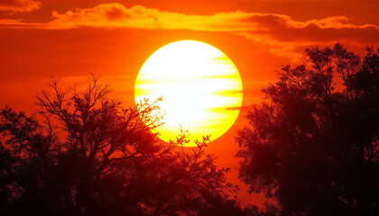 Majestic sunset over the horizon with silhouetted trees in the foreground