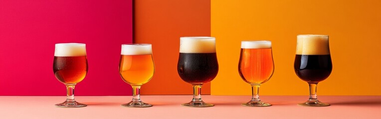 A craft beer flight features four distinct types of beer served in small glasses. The vibrant background enhances the enjoyment of this tasting experience, perfect for beer enthusiasts