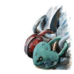 Locks of love on the bridge. Watercolor illustration