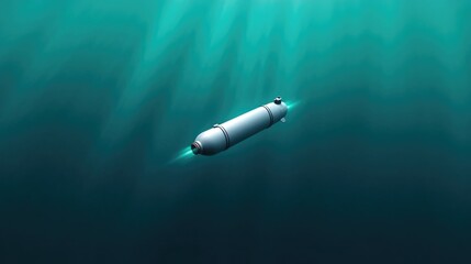 Submersible underwater vehicle.  Cylindrical, light-grey autonomous probe navigating deep ocean waters.  Glows faintly