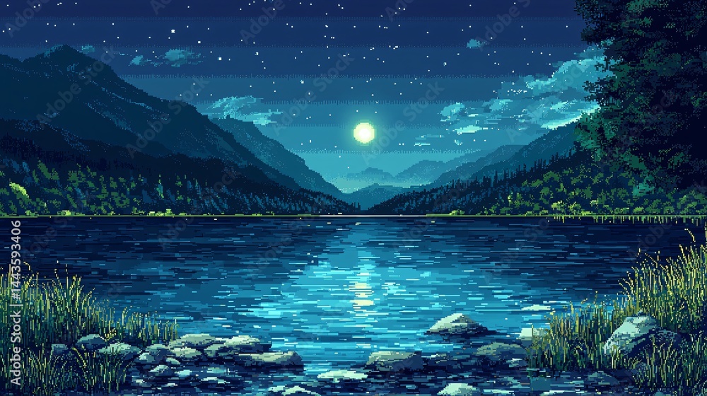 Aufkleber enchanting nighttime lake scene illuminated by starry sky and soft moonlight creating a magical atmo