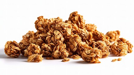 Crunchy Golden Granola Clusters Pile on White Background