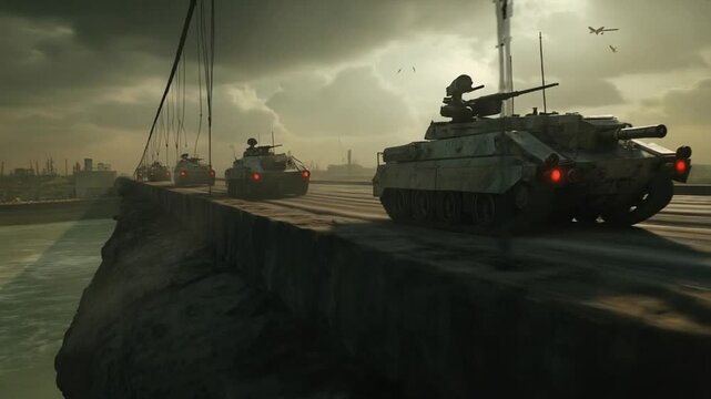 A group of tanks are driving across a bridge