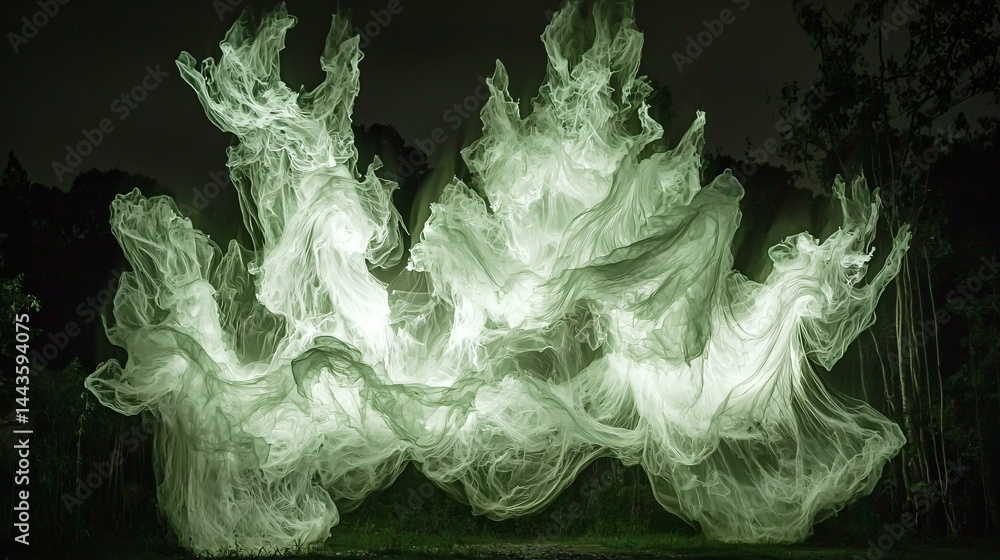Poster ethereal group of white smoke clouds creating a dreamlike and surreal wavy effect in an enchanted fa