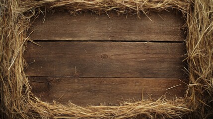 Rustic Wooden Planks Background Framed with Dry Straw for Farm, Harvest, and Country-Themed Design Concepts