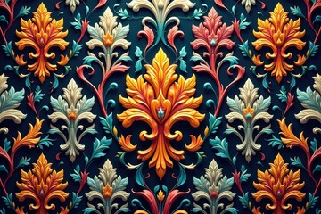 Symmetrical damask pattern with swirling acanthus leaves and arabesques , background, silver