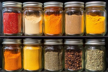 An elegant spice rack displays glass jars filled with an array of spices