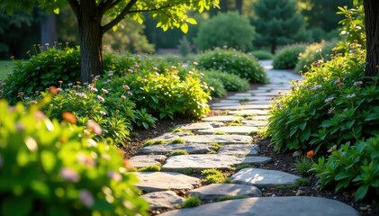 Stone walkway winding through garden, intricate design , brick, walkway