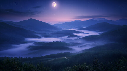 Obraz premium Moonlit Mountain Vista: A serene nighttime landscape, as a full moon illuminates the ethereal beauty of a mountain range enveloped in a sea of fog, painting a scene of tranquil beauty.