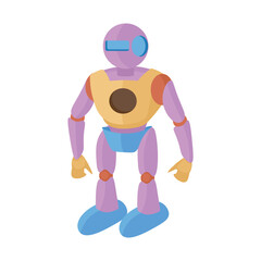 Robot toy flying in flat design. Futuristic cyborg plaything for boys. Vector illustration isolated.