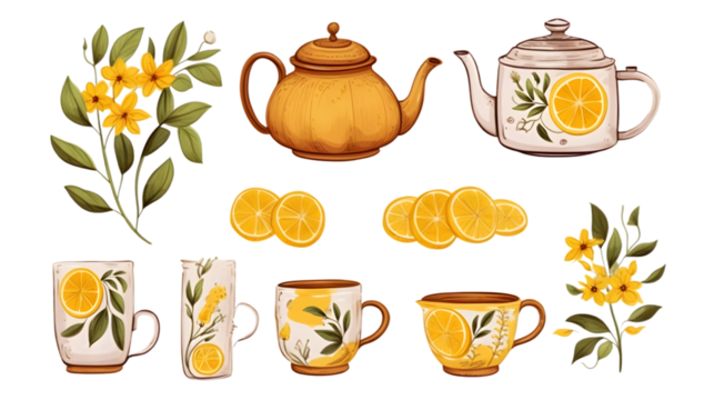 Exquisite Tea Party Objects Collection with Hand-Drawn Kettle - Elegant Stock Photo for Events and Celebrations