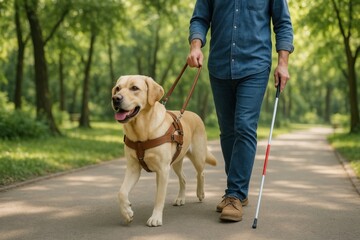 Blind man walking with guide dog in the park