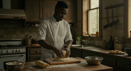 Male Chef Kneading Dough in Rustic Kitchen - A skilled male chef meticulously kneads dough in a rustic kitchen setting, symbolizing culinary artistry, passion, tradition, homemade goodness