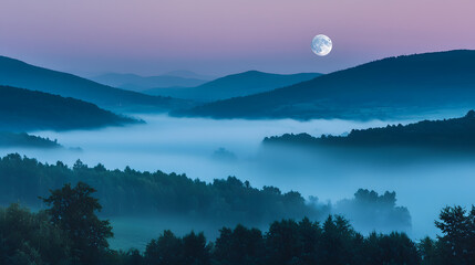 Misty Mountain Moonlight: A breathtaking view of a mountain valley bathed in the ethereal glow of moonlight, a sea of mist swirling between the rolling hills.