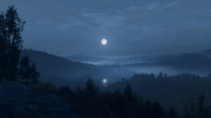 Nighttime Serenity: A tranquil view of the forest and rolling hills bathed in the ethereal glow of the full moon.