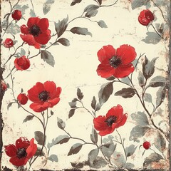 Fototapeta premium Vintage Red Floral Pattern on Textured Beige Background