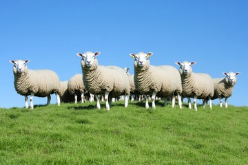 Naklejka premium A flock of sheep grazes on lush green grass atop a hill, surrounded by the tranquility of the countryside. The clear blue sky enhances the serene atmosphere of this rural landscape
