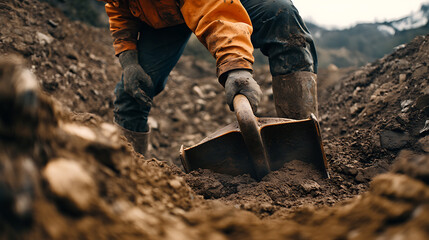 Worker Digging with Shovel in Mud