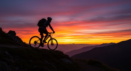 Fototapeta premium Mountain Biking Sunset Silhouette - Silhouette of a mountain biker riding along a mountain ridge at sunset. Vibrant colors fill the sky