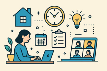 Vector illustration of remote work setup, time management, productivity tools, and virtual meetings. Great for blogs, HR materials, and remote-first company content