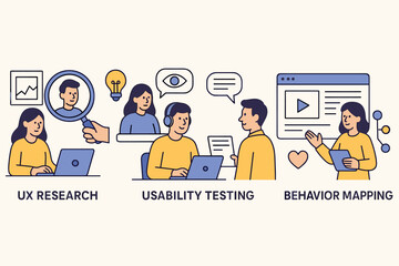 Vector illustration of UX research, usability testing, user interviews, and behavior mapping. Great for design tools, UX case studies, and product experience journeys