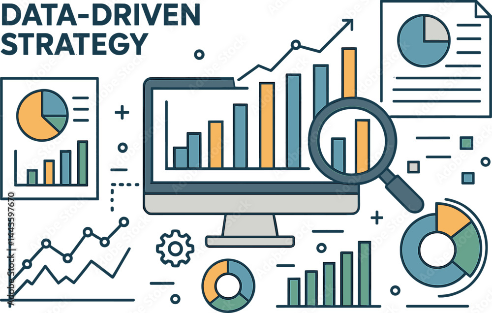 Poster data-driven strategy. vector illustration of dashboards, analytics reports, and data insights, for b