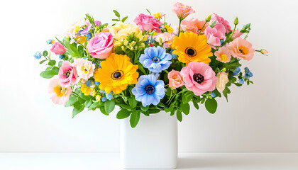 The floral arrangement is a vibrant watercolor piece with orange, teal, and purple flowers