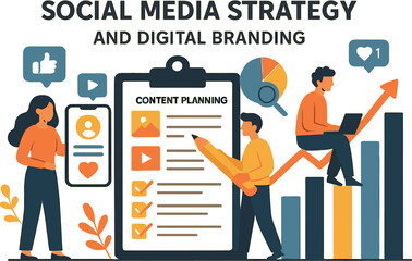 Social media strategy and digital branding. Vector illustration of content planning, analytics, and growth. Perfect for influencers and brand agencies.