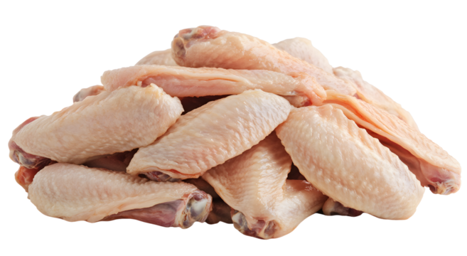 A close-up view of a pile of raw chicken wings, showcasing their texture and freshness, suitable for culinary use