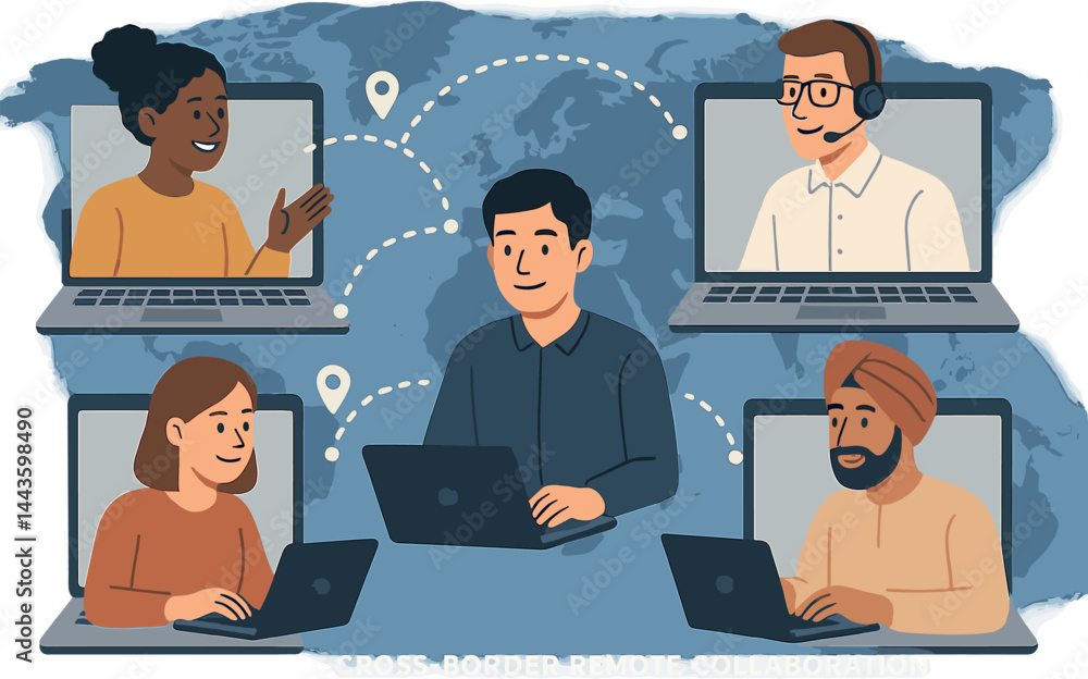 Poster cross-border remote collaboration. vector illustration of multicultural teams working online. perfec