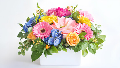 The floral arrangement is a vibrant watercolor piece with orange, teal, and purple flowers