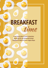 Fried eggs page, flyer template concept. Seamless pattern with fried eggs on white background, top view. Breakfast food. Morning banner or menu.