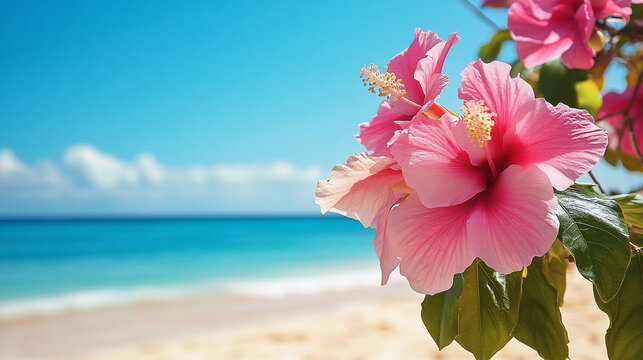 Pink flowers on the beach. Postcard or banner for vacation and travel agency