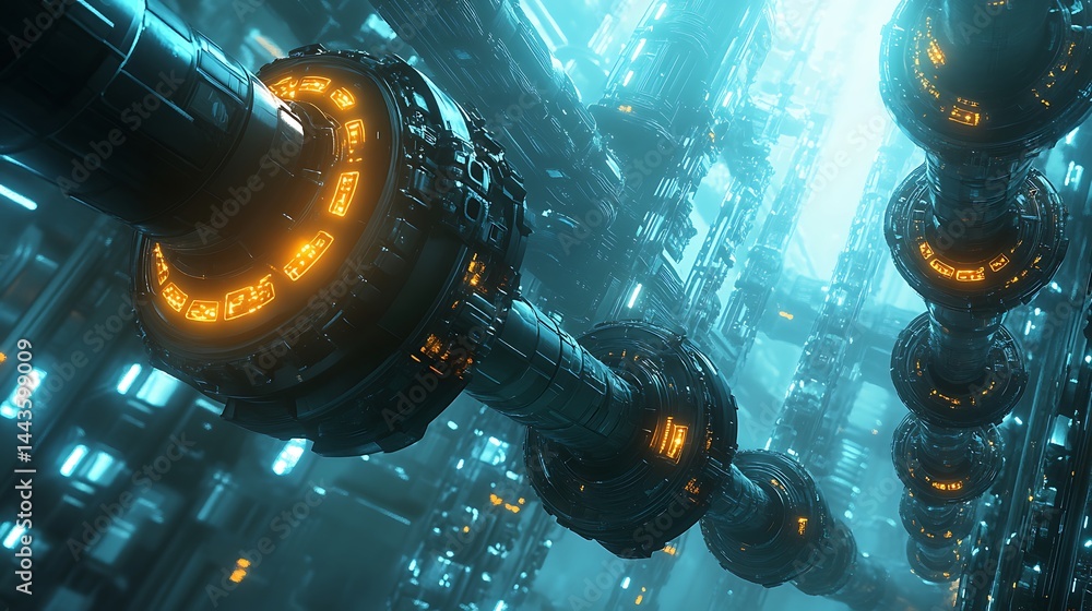 Poster glowing spheres and futuristic network in a cyberpunk setting