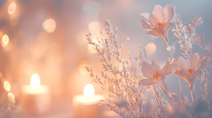 Serene Floral Harmony: Delicate wildflowers bathed in soft, warm light, accented by gentle bokeh, create a tranquil and dreamlike atmosphere, embodying peace and serenity.