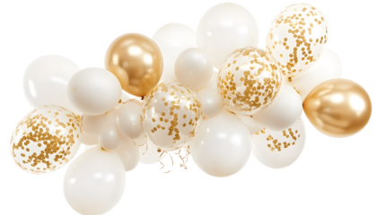 A festive arrangement of white and gold balloons, perfect for celebrations, set against a clean background