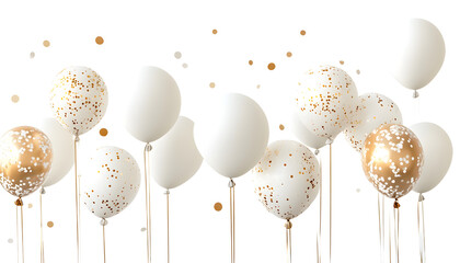 A festive arrangement of white and gold balloons with confetti, set against a black background, perfect for celebrations