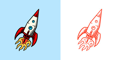 Start up concept with a launching rocket.Business doodle hand drawn icons. Management concept. Vector clipart illustration. Line and Ink sketch. Vintage style. 