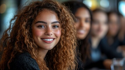 Smiling woman with friends, cafe, meeting, background blur, teamwork