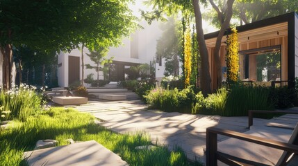 Modern Garden Design: Sunlit Patio with Lush Greenery and Minimalist Architecture